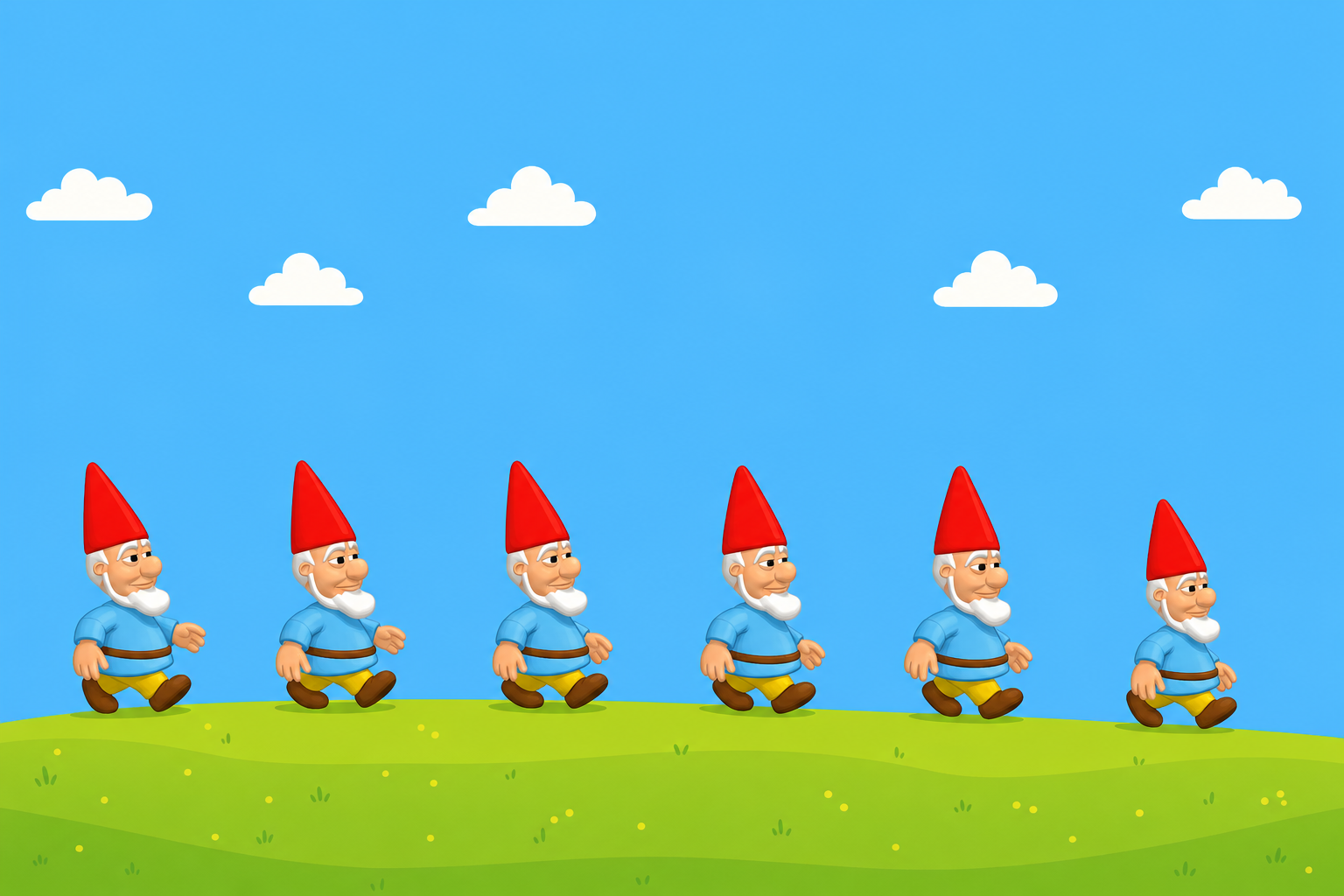Chad Gnome walk cycle, repeated across the hill